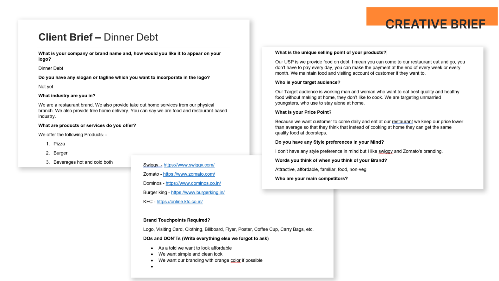 Dinner Debt Branding - Creative Brief